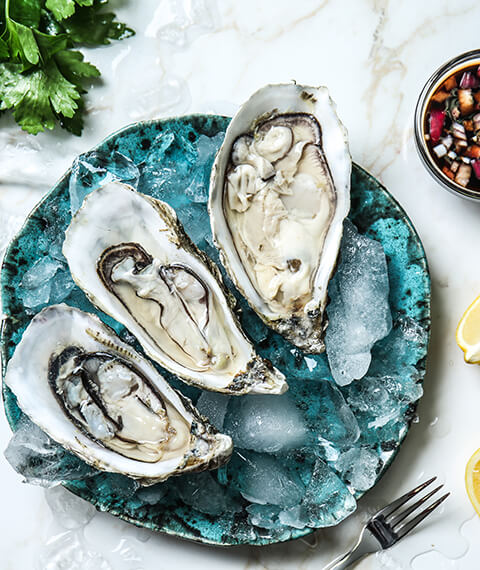 Oysters, shellfish crudités, marinated fresh Mediterranean fish